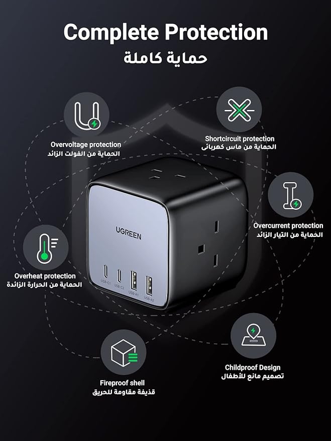 UGREEN Nexode GaN 65W USB C Charger, 7-in-1 DigiNest Cube Charger Station 4-Port USB Fast Charger Plug, Multiple Power Strip with 3 AC Outlets, 1.8M Extension Cord for Desktop, Home, Office, etc