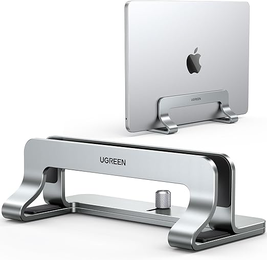 UGREEN Aluminum Vertical Laptop Stand, Double Desktop Stand Holder with Adjustable Dock Space-Saving Anti Slide Silicone Grips for All Tablet/iPad MacBook/Surface/Samsung/HP/Dell/Chrome Book Silver