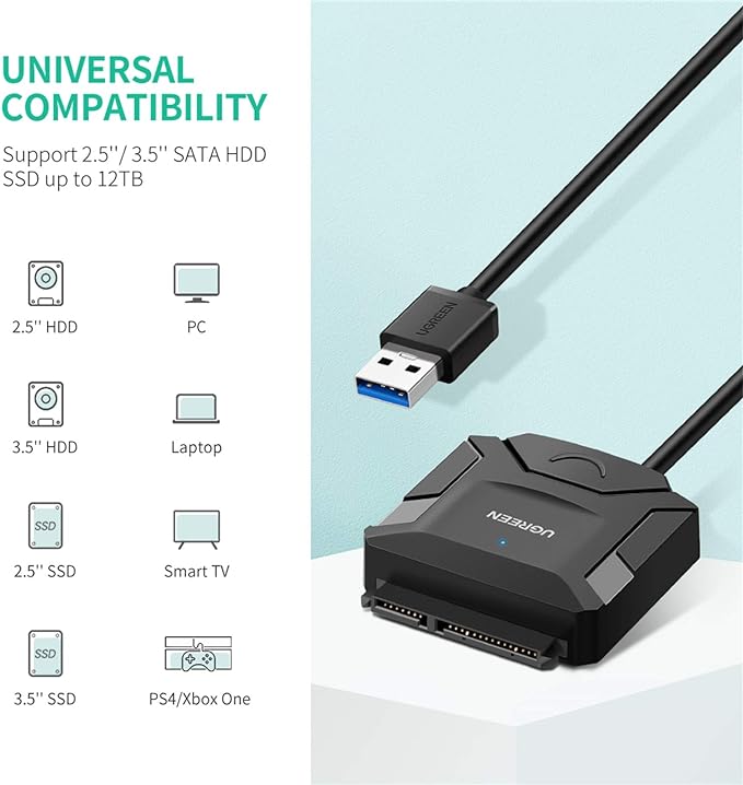 UGREEN USB 3.0 to SATA III Adapter Cable with UASP SATA to USB Converter for 2.5" 3.5” Hard Drives Disk HDD and Solid State Drives SSD