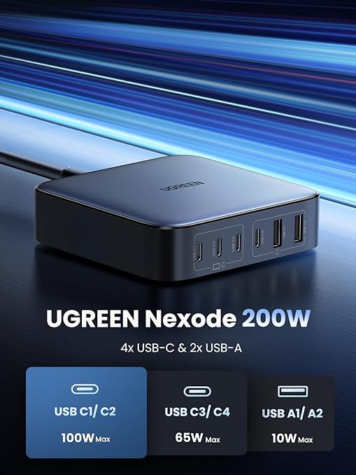 UGREEN Nexode 200W USB C Charger Station Multi-Function 6 in 1 GaN Charge Power Adapter USB Fast Charger Wall Plug for MacBook Pro/Air, Steam Deck, HUAWEI P60, iPhone, iPad Pro, Galaxy S23 Ultra, etc